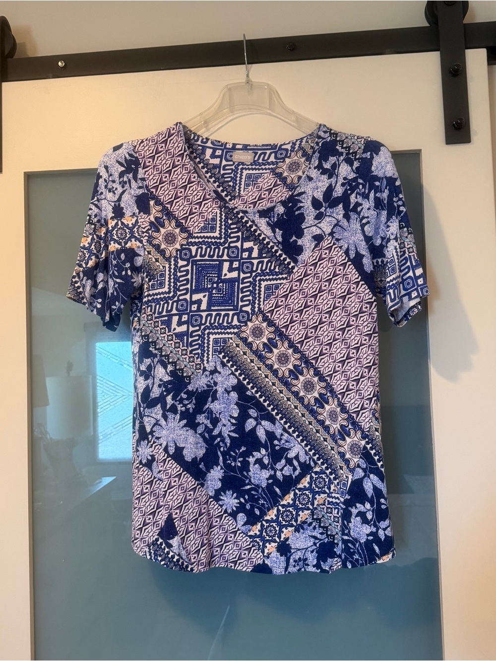 Chico's Blue Patchwork Print Short Sleeve Top.